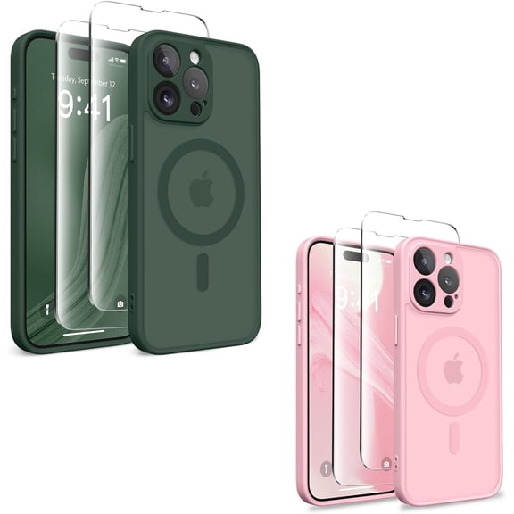 Magnetic for iPhone 13 Pro Case, [Compatible with MagSafe] [Full Camera Protection] Shockproof Slim Thin Case Cover for Translucent Matte Phone Case for iPhone 13 Pro, Deep Green & Peach Pink