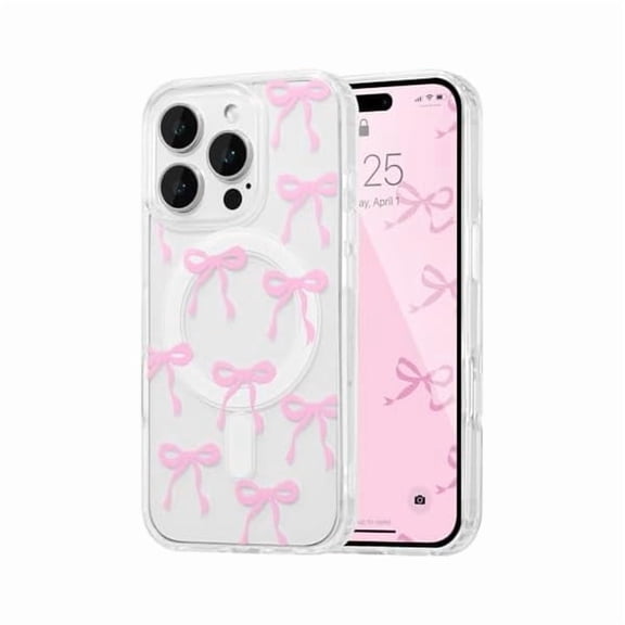 Magnetic for iPhone 13 Pro Max Case, Bow Case Compatible with MagSafe, Wireless Slim Clear Ribbon Aesthetic Phone Cover Anti-Yellowing Shockproof Protective Cover for Women Girl - Pink