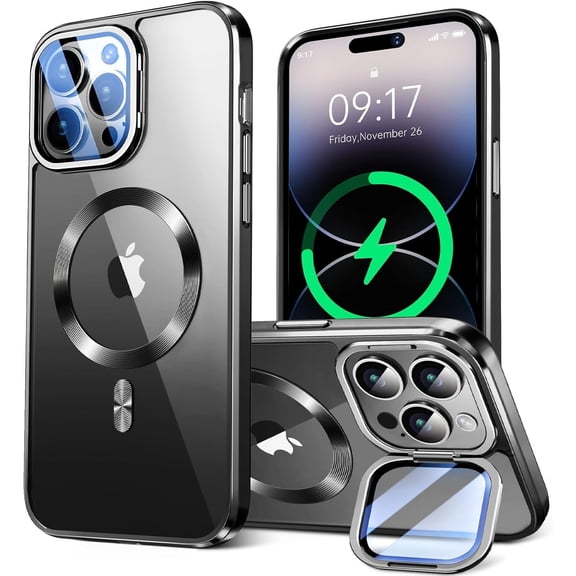 JETeacka Magnetic Case for iPhone 13 Pro Max with Camera Stand Lens Protection Cover Mil-Grade Protection Electroplated frame Black