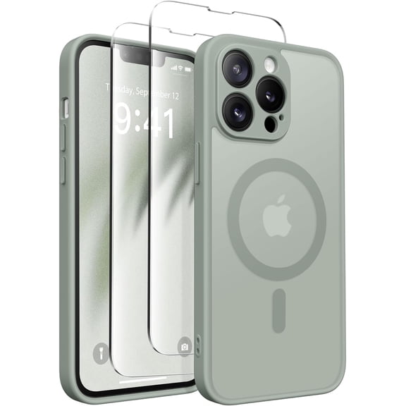 Magnetic for iPhone 13 Pro Max Case, [Compatible with MagSafe] [Full Camera Protection] Shockproof Protective Slim Translucent Matte Phone Case for iPhone 13 Pro Max 6.7'', Grey Green