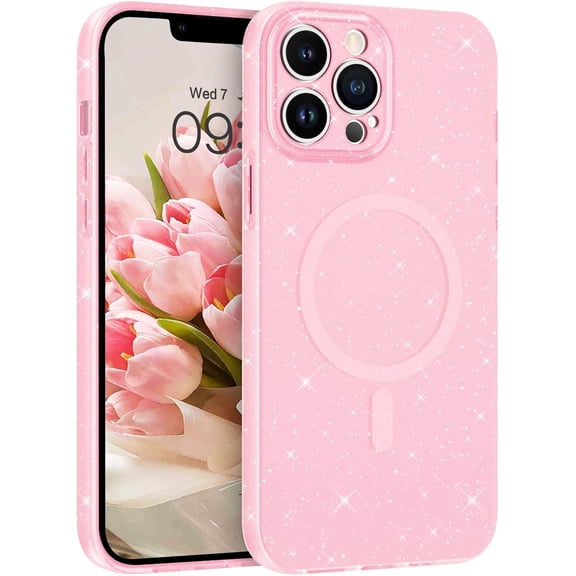 Magnetic for iPhone 13 Pro Max Case, iPhone 13 Pro Max Glitter Bling Case Compatible with Magsafe Flexible Soft TPU Sparkly Magnetic iPhone 13 Pro Max Phone Case for Women Girls, Candy Pink