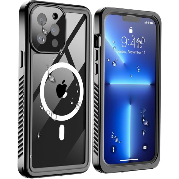 Magnetic for iPhone 13 Pro Max Waterproof Case,[Built-in Screen Protector][IP68 Underwater][15FT Military Dropproof][Compatible with MagSafe] Full Body Shockproof Phone Case-Black/Clear