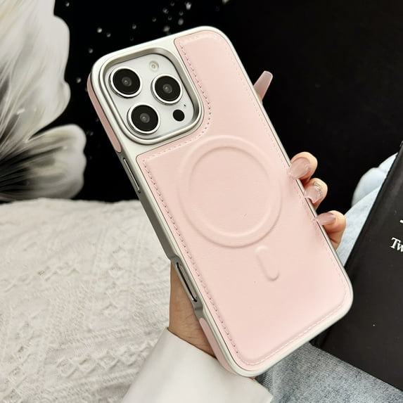 Magnetic For iPhone 13 Pro PU Leather Phone Case, Electroplated Bumper Design,Compatible with Mag-Safe,Shockproof Drop Proof Ultra Slim Non-Slip Rugged Phone Case Cover,Pink