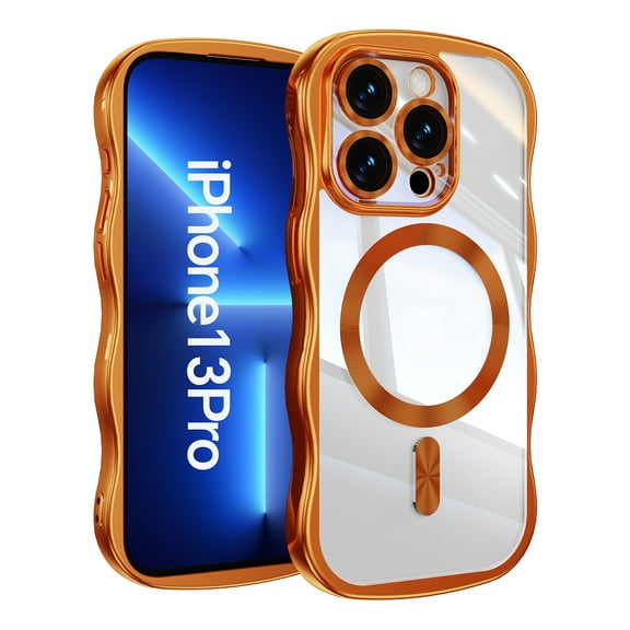 Magnetic For iPhone 13 Pro Phone Case,Cute Wavy Frame,Compatible with Mag-safe,Ultra Slim Shockproof Anti-fall Protection,Rugged Durable Electroplated Bumper Thin Phone Case,Orange