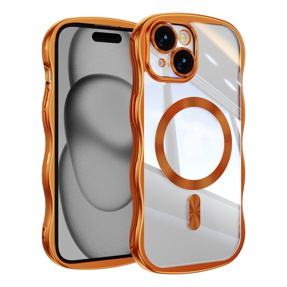 Magnetic For iPhone 14/13 Phone Case,Cute Wavy Frame,Compatible with Mag-safe,Ultra Slim Shockproof Anti-fall Protection,Rugged Durable Electroplated Bumper Thin Phone Case,Orange