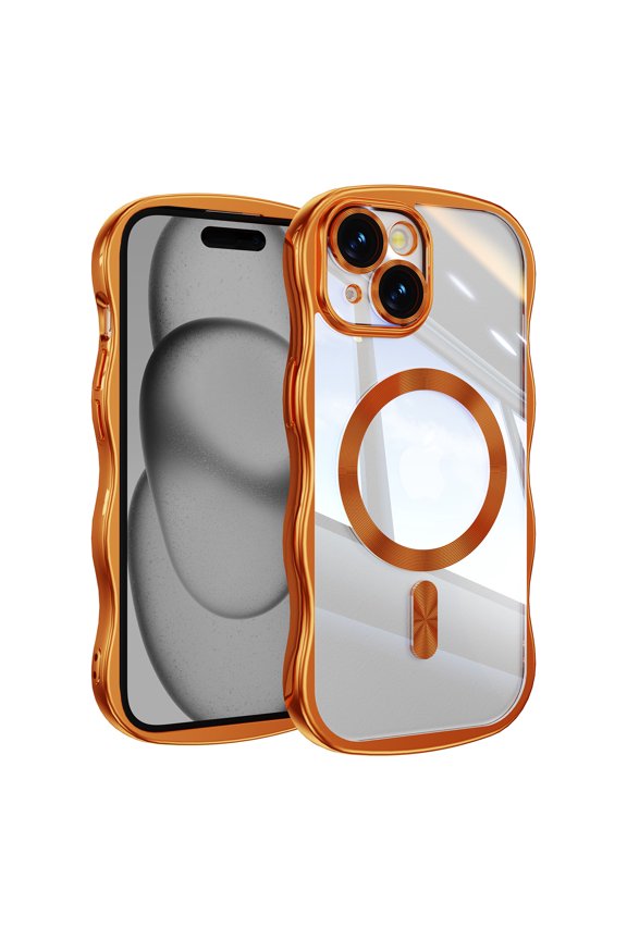 Magnetic For iPhone 14/13 Phone Case,Cute Wavy Frame,Compatible with Mag-safe,Ultra Slim Shockproof Anti-fall Protection,Rugged Durable Electroplated Bumper Thin Phone Case,Orange