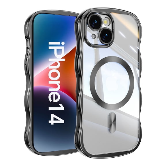 Magnetic For iPhone 14/13 Phone Case,Cute Wavy Frame,Compatible with Mag-safe,Ultra Slim Shockproof Anti-fall Protection,Rugged Durable Electroplated Bumper Thin Phone Case,Black