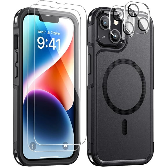 Magnetic for iPhone 14 Case, 2 Pack [Tempered Glass Screen Protector + Camera Lens Protectors] 10 FT Military Grade Drop Protection Anti-Fingerprint Slim Phone Cover for iPhone 14 (Black)