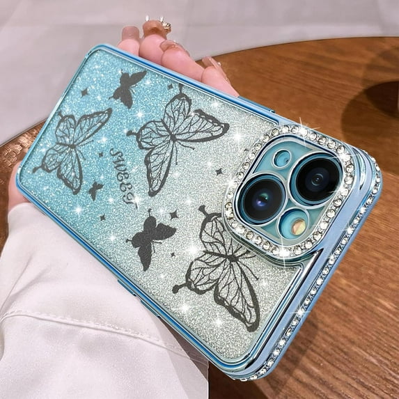 Magnetic for iPhone 14 Case 6.1", Cute Butterfly Pattern, Glitter Bling Diamond Edge Sparkly Cover Screen Protector Gradient Phone Case Camera Protection for Girls Women -Blue