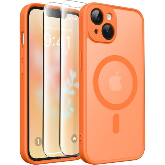 Magnetic for iPhone 14 Case, [Compatible with MagSafe] [Full Camera Protection] [14FT Drop Protection] Shockproof Protective Slim Translucent Matte Phone Case for iPhone 14, Orange Yellow