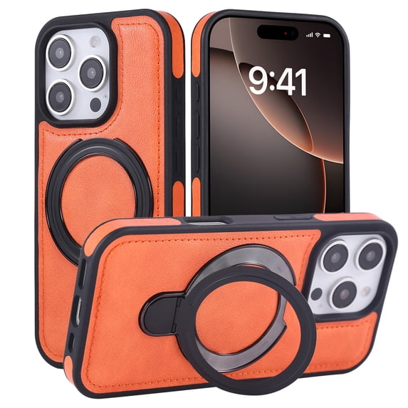 Magnetic for iPhone 14 Case with Ring Holder Stand, Protective PU Leather Phone Case Grip Loop, Compatible with Mag-Safe, Built-in Kickstand Cover for iPhone 14 Men Women, Orange