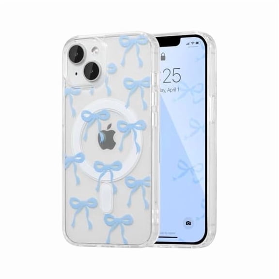 Magnetic for iPhone 14 Case & iPhone 13 Case, Bow Case Compatible with MagSafe, Wireless Slim Clear Ribbon Phone Cover Anti-Yellowing Shockproof Protective Cover for Women Girl - Baby Blue