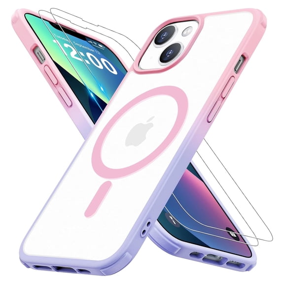 Magnetic for iPhone 14 Case/iPhone 13 Case [Compatible with MagSafe]with 2X Screen Protector, Military-Grade Slim Shockproof Phone Case Translucent Matte Cover for iPhone 13/14 6.1",Pink-Purple