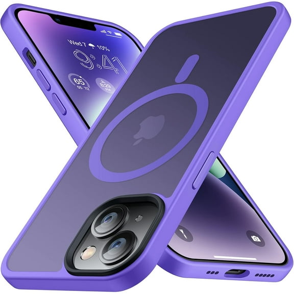 Magnetic for iPhone 14 Case for iPhone 13 Case [Military Grade Drop Tested][Compatible with MagSafe] Shockproof Protective Translucent Matte Hard Back Slim Thin Phone Cover 6.1 inch, Purple