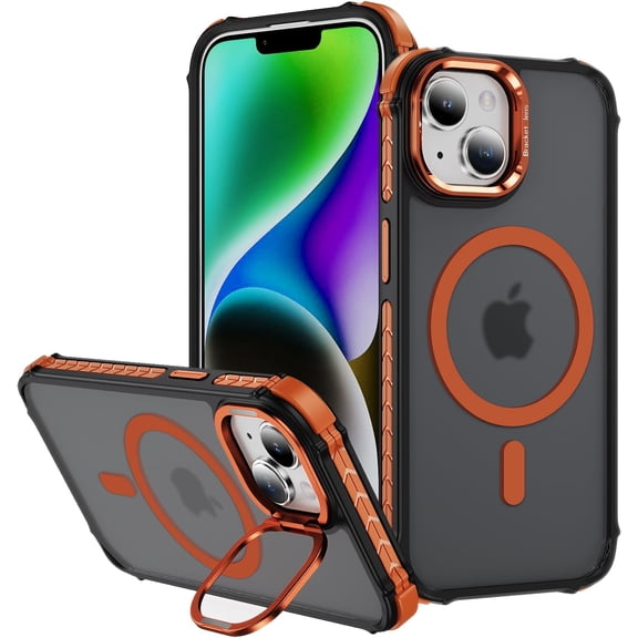 Magnetic for iPhone 14 Plus Case & iPhone 15 Plus Case, [Compatible with Magsafe] [Built-in Camera Stash Stand] Translucent Matte Shockproof Women Girls Protective Phone Case 6.7 Inch, Orange