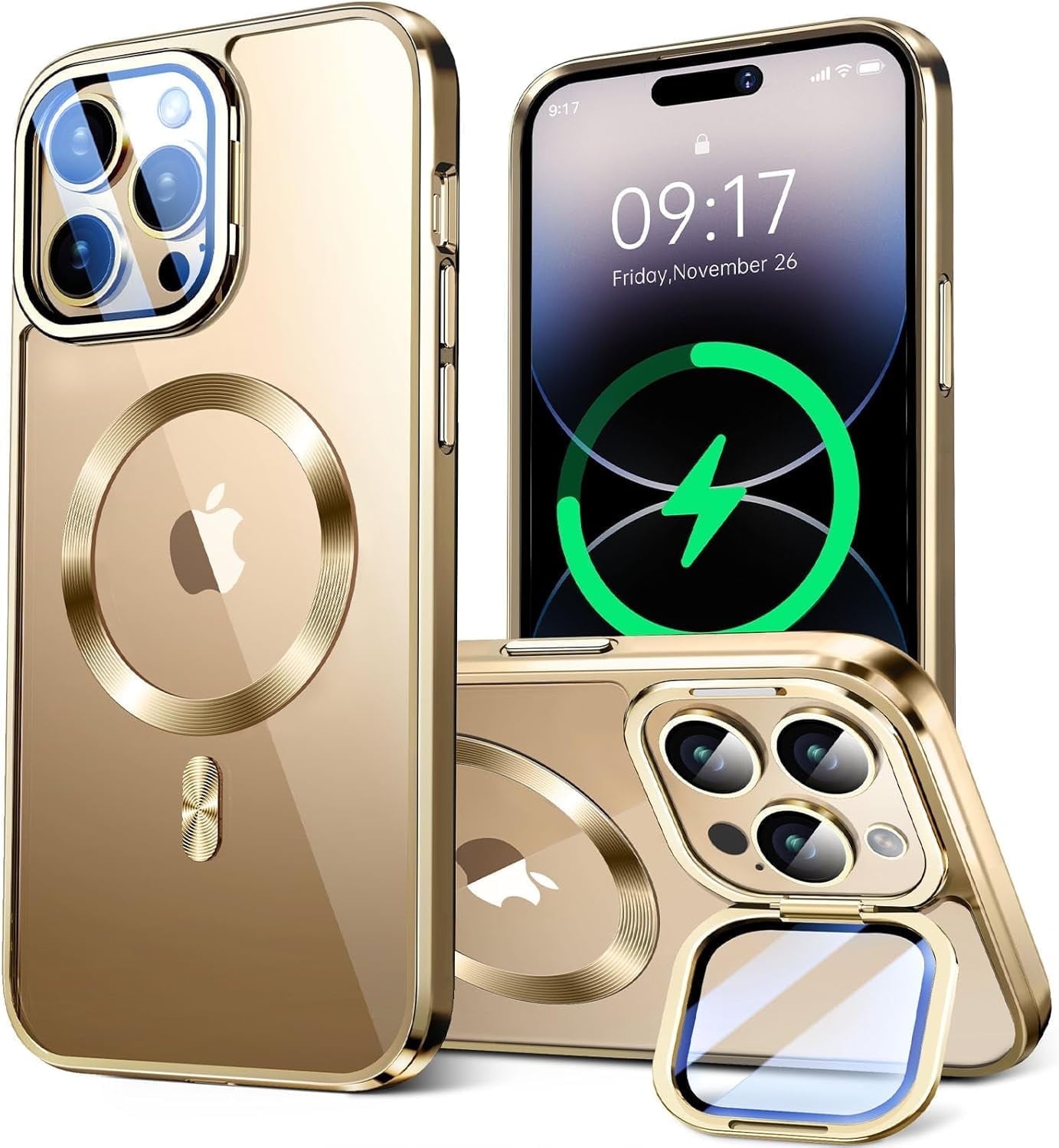 JETeacka Magnetic for iPhone 14 Pro Case with Camera Kickstand Lens Protection Compatible with MagSafe Shockproof Electroplated Bumper, Luxury Gold