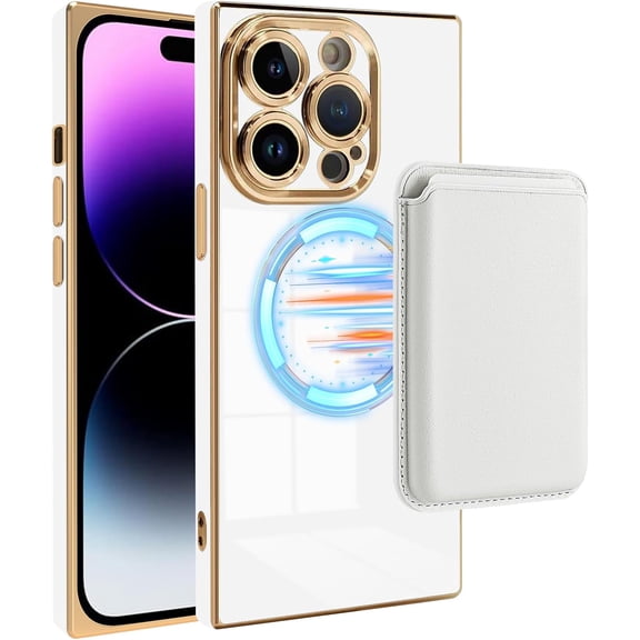 Magnetic  for iPhone 14 Pro Case with Card Holder - Hold 3 Cards [Compatible with Magsafe & Support Wireless Charging] Soft TPU Electroplated Wallet Phone Case for iPhone 14 Pro White