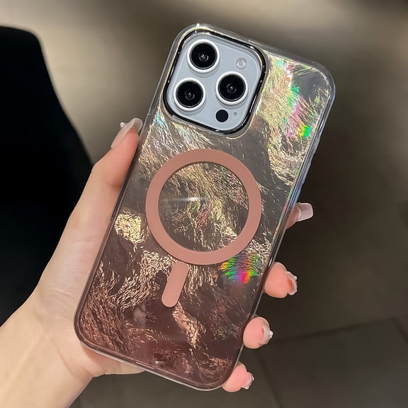 Magnetic for iPhone 14 Pro Case with Glitter Laser Back [Compatible with MagSafe], Thin Rugged Slim Women Men Girl Shockproof Dazzling Ripple Pattern Design Case, Titaniumgold