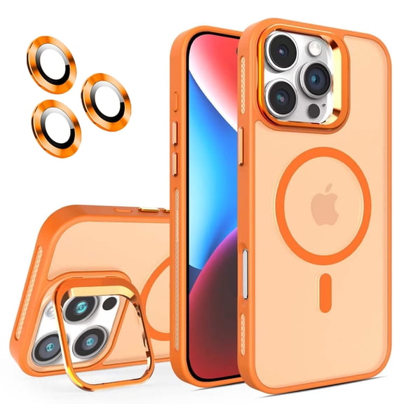 Magnetic for iPhone 14 Pro Frosted Case,[Built-in Invisible Kickstand][Compatible with MagSafe][Military Grade Shockproof][Lens Protection Film] Hybrid Slim Matte Phone Case,Orange