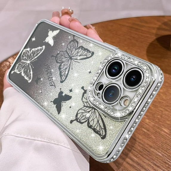Magnetic for iPhone 14 Pro Max Case 6.7", Cute Butterfly Pattern, Glitter Bling Diamond Edge Sparkly Cover Screen Protector Gradient Phone Case Camera Protection for Girls Women -Silver