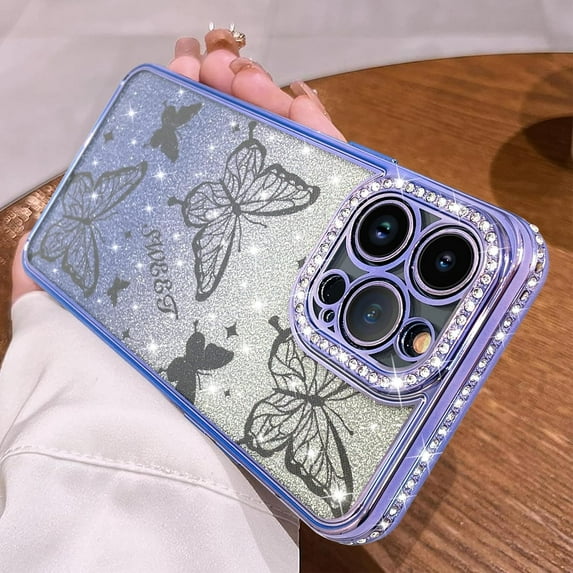 Magnetic for iPhone 14 Pro Max Case 6.7", Cute Butterfly Pattern, Glitter Bling Diamond Edge Sparkly Cover Screen Protector Gradient Phone Case Camera Protection for Girls Women -Purple