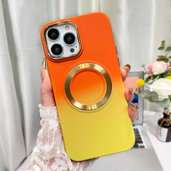 Magnetic for iPhone 14 Pro Max Case 6.7", Large Viewport Design, Built-in Luxury Camera Lens Protector Wide Lens Cover Screen Protector Gradient Phone Case with Magsafe Girls Women -Orange