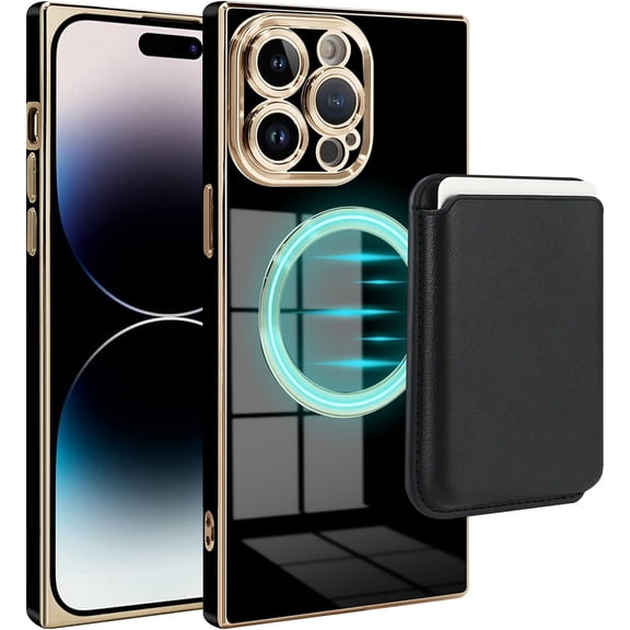 Magnetic  for iPhone 14 Pro Max Case with Card Holder - Holds 3 Cards [Compatible with Magsafe] [Support Wireless Charging] Soft TPU Electroplated Wallet Case for iPhone 14 Pro Max Black