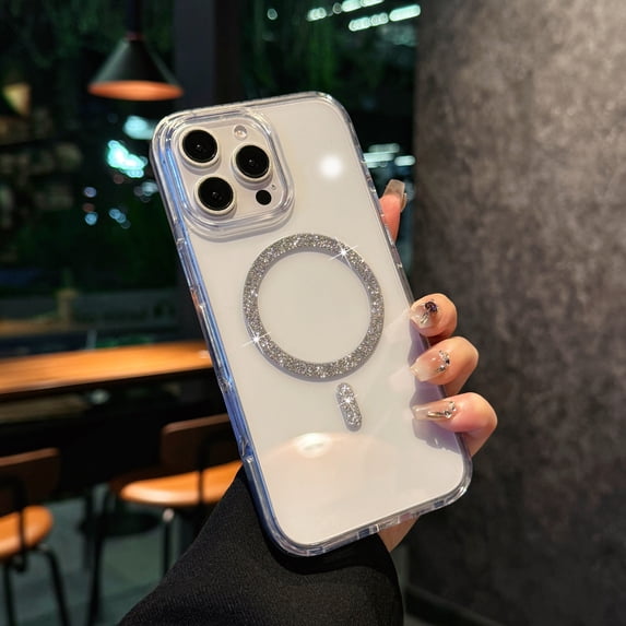 Magnetic for iPhone 14 Pro Max Case, Clear Crystal Glitter Phone Case Compatible with MagSafe, Anti-Scratch Shockproof Protective Sparkly Cute Women Girl Cover for iPhone 14 Pro Max, Silver