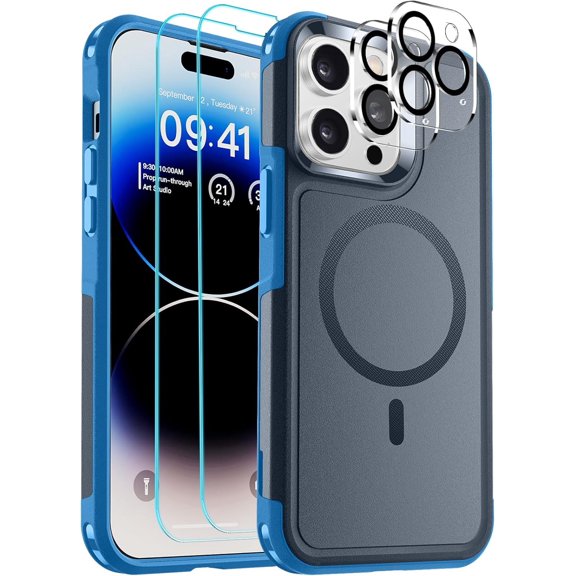 Magnetic for iPhone 14 Pro Max Case,(Compatible with MagSafe)(12FT Military Grade Drop Protection) 2X Tempered(Glass Screen+Camera Lens Protector) Shockproof Phone Case 6.7 inch, Deep Blue