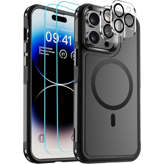 Magnetic for iPhone 14 Pro Max Case, (Compatible with MagSafe) (12FT Military Grade Drop Protection) 2X Tempered (Glass Screen+Camera Lens Protector) Shockproof Phone Case 6.7 inch,Black