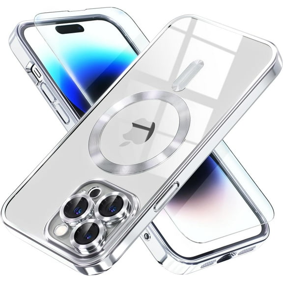 Magnetic for iPhone 14 Pro Max Case Compatible with MagSafe [Never Yellowing] [Military Grade Drop Protection] Full Camera Lens Protector Plating Soft Clear Phone Case for Women Girls, Silver