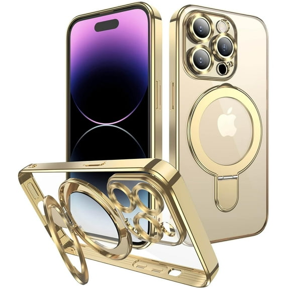 Magnetic for iPhone 14 Pro Max Case Magsafe Clear with Invisible Stand Kickstand Camera Protector Plating 10FT Shockproof Soft Rubber Protective Phone Case (Gold)