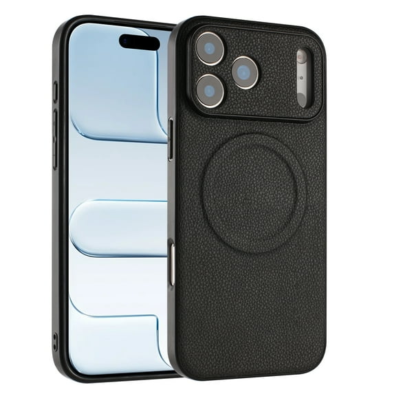 Magnetic For iPhone 14 Pro Phone Case,Lychee Pattern PU Leather Back Design,Compatible with Mag-safe,Ultra Slim Anti-Scratch Anti-fall Protection Shockproof Thin Fit Phone Case,Black