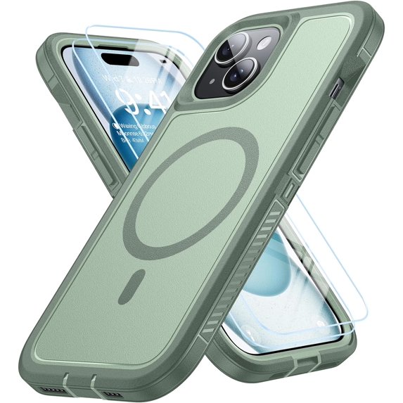 Magnetic for iPhone 15 Case with 2 Glass Screen Protectors, Compatible with Magsafe, Military-Grade Protection, Hard Protective Cover Shockproof Phone Case for iPhone 15, 6.1 inch, Alpine Green
