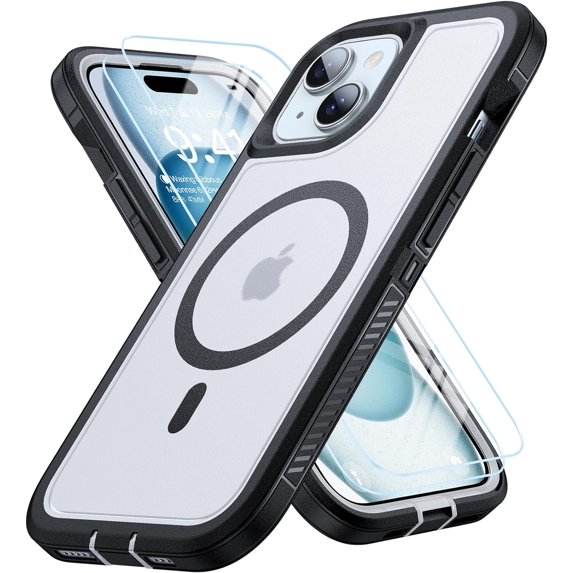 Magnetic for iPhone 15 Case with 2 Glass Screen Protectors, Compatible with Magsafe, Military-Grade Protection, Hard Protective Cover Shockproof Phone Case for iPhone 15, 6.1 inch, Matte Clear