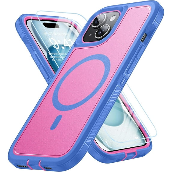 Magnetic for iPhone 15 Case with 2 Glass Screen Protectors, Compatible with Magsafe, Military-Grade Protection, Hard Protective Cover Shockproof Phone Case for iPhone 15, 6.1 inch, Blue Pink