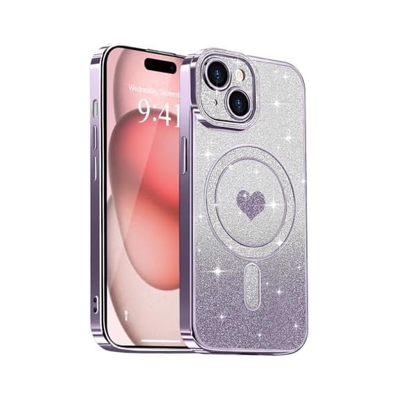 Magnetic for iPhone 15 Case Glitter, Cute Love Heart Plating Luxury Sparkle Bling Clear Cover for Women Girls Anti-Scratch Camera Protection Shockproof Phone Case for iPhone 15, Purple