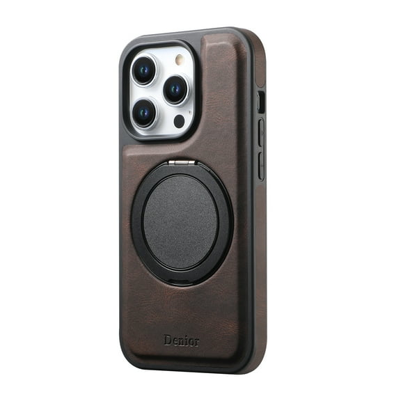 Magnetic for iPhone 15 PU Leather Case, [Compatible with Magsafe] [Invisible Stand & 360° Rotating Ring Holder] Slim Kickstand Full Protective Case for iPhone 15 - Brown