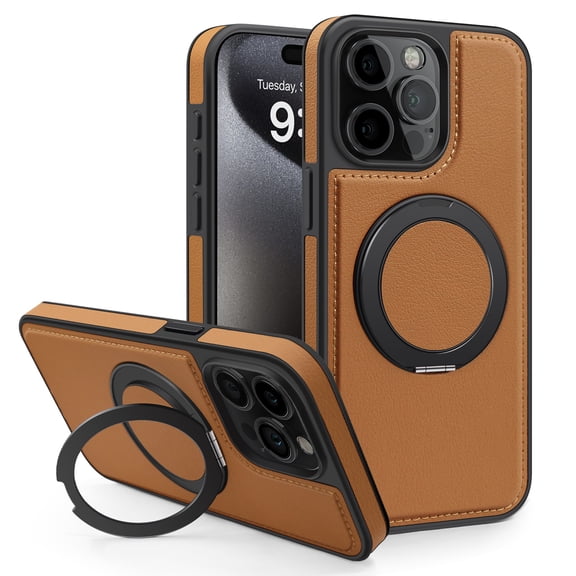 Magnetic for iPhone 15 PU Leather Phone Case,[360° Rotatable Ring Stand & Kickstand] [Compatible with Magsafe] Slim Shockproof Anti-fall Thin Fit Phone Cover Case for iPhone 15,Brown