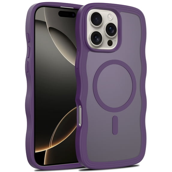 Magnetic For iPhone 15 Phone Case,Compatible with Mag-Safe,Wavy Frame Cute Design,For Women Men,Shockproof Protective Anti-fall Rugged Frosted Translucent Slim Phone Case,Darkpurple