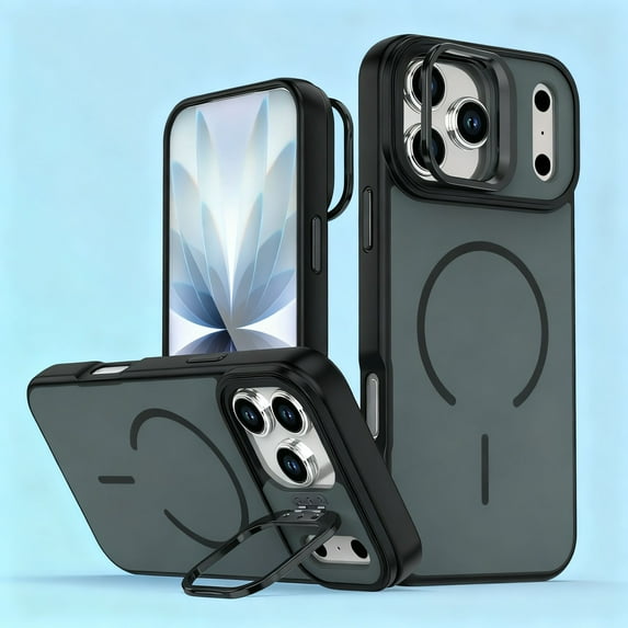 Magnetic For iPhone 15 Phone Case,Compatible with Mag-Safe,With Contractile Lens Ring Kickstand,Anti-fingerprint Matte Shockproof Anti-fall Drop Protection,Durable Phone Case,Black
