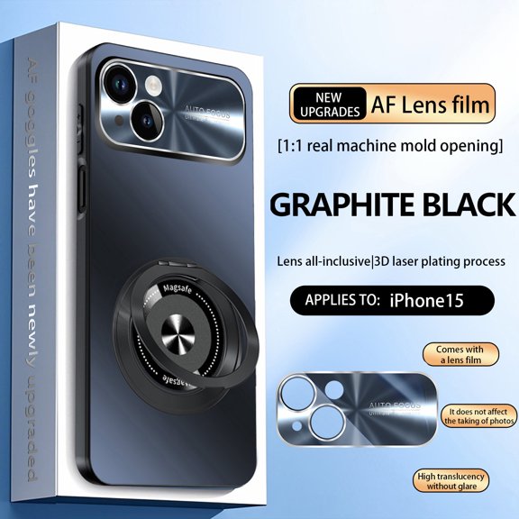 Magnetic For iPhone 15 Phone Case,With 360° Rotatable Ring Kickstand,Glossy Lens Protection,Ultra Slim Shockproof Anti-Scratch Protection Rugged Thin Fit Phone Case Cover,Black