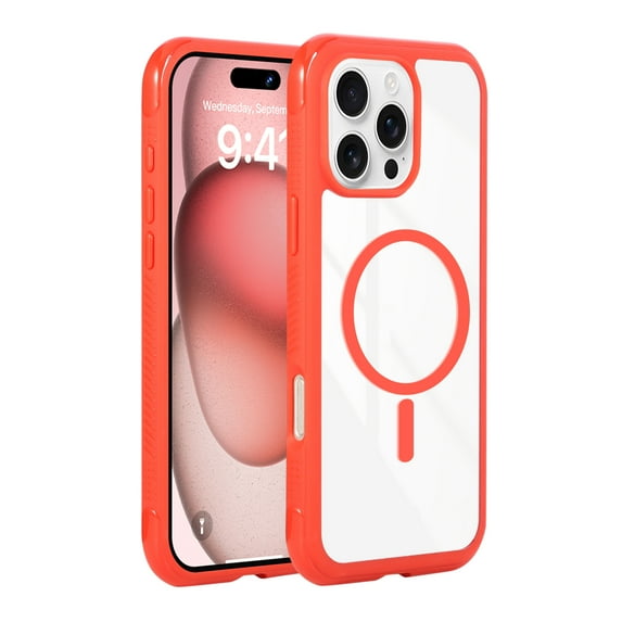 Magnetic For iPhone 15 Plus/14 Plus Phone Case,Compatible with Mag-safe,Crystal Clear Back Design,Ultra Slim Shockproof Anti-Drop Protection Rugged Thin Fit Transparent Phone Case,Red