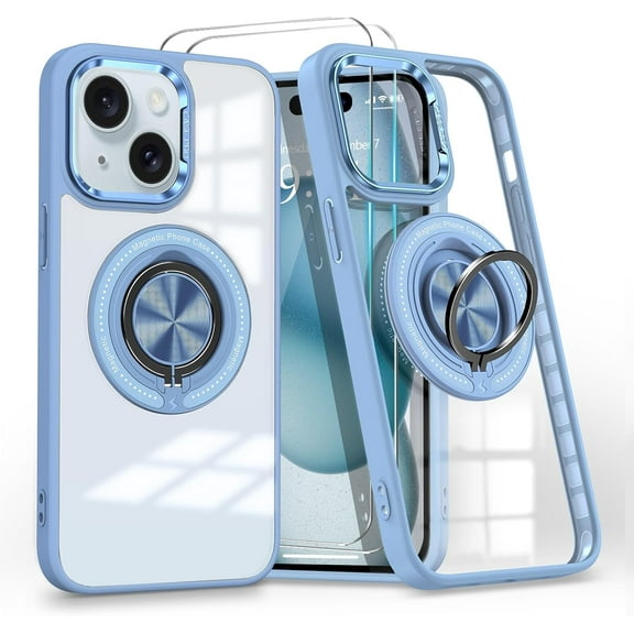 Magnetic for iPhone 15 Plus Case with 360° Ring Holder Kickstand [Compatible with MagSafe][2Pcs Screen Protector] Clear Shockproof Drop Protection Phone Case Cover for iPhone 15 Plus, Blue