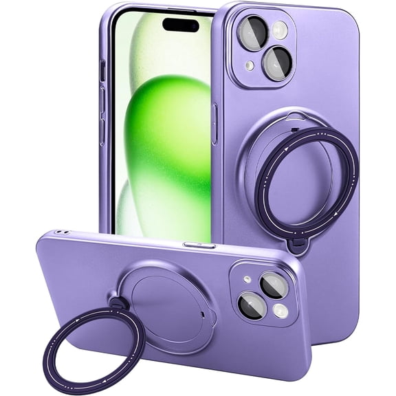 Magnetic for iPhone 15 Plus Case with Ring Holder Compatible with Magsafe Cover Camera Lens Protector Shockproof Soft TPU 360° Rotatable Kickstand Phone Case for iPhone 15 Plus Purple