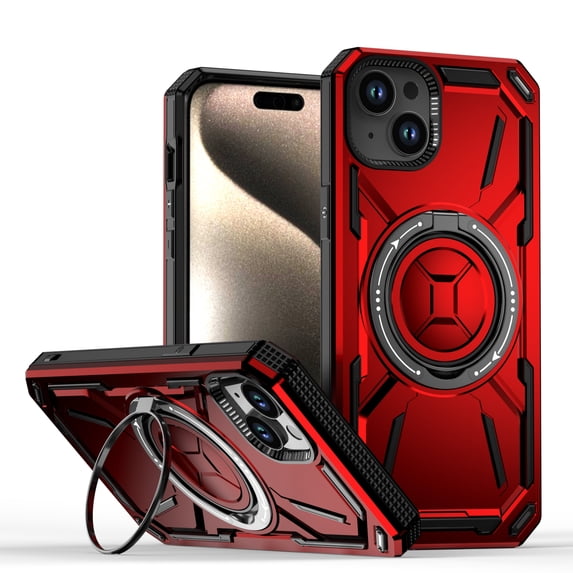 Magnetic for iPhone 15 Plus Case with Stand, Compatible with Mag-Safe Charging, Shockproof Protective Cover Rugged Phone Case, Built-in Rotatable Ring Holder Kickstand for iPhone 15 Plus, Red