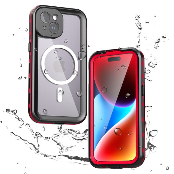 Magnetic for iPhone 15 Plus Case Waterproof,Built-in Screen Protector[IP68 Underwater][Upgrade Military Dropproof][Compatible with Mag Safe] Full Body Shockproof Translucent Case,Red