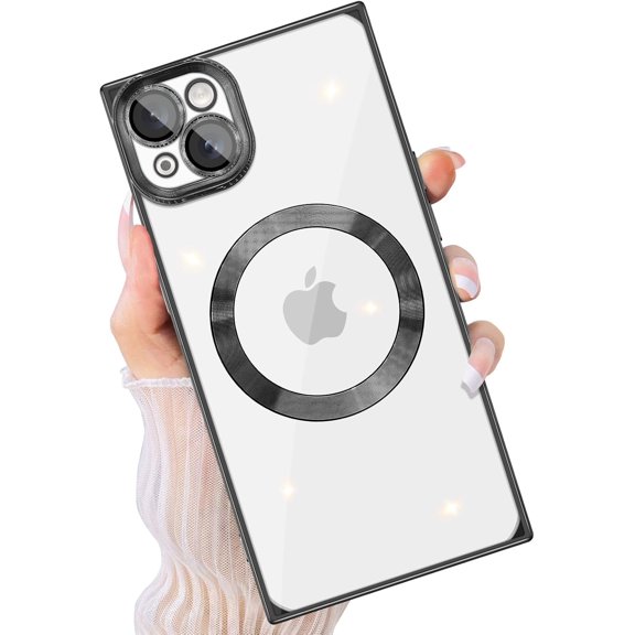 Magnetic for iPhone 15 Plus case Clear Compatible with Magsafe [Non-Yellowing & Camera Lens Protector] Plated Soft TPU Shockproof Protective Phone Case for iPhone 15 Plus Black