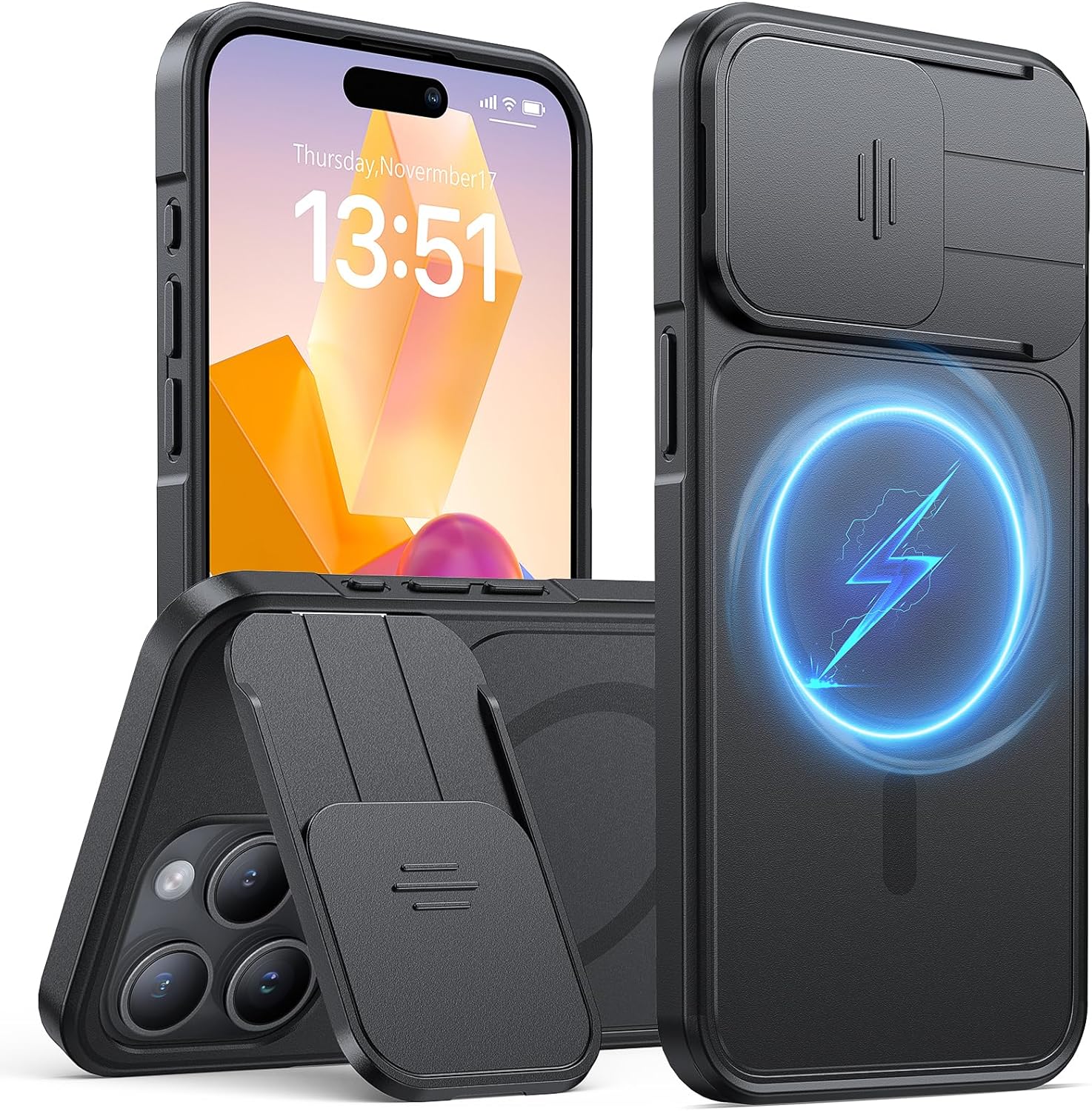 for iPhone 15 Pro Case, [Adjustable Lens Kickstand], [Slide