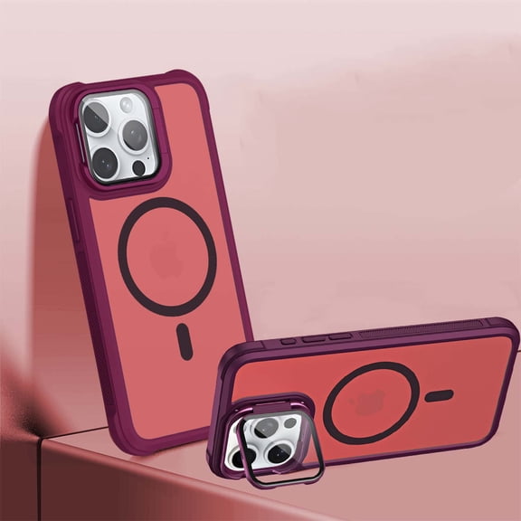 Magnetic for iPhone 15 Pro Case with Camera Cover Stand [Compatible with MagSafe] [Military-Grade Protection] Translucent Matte Slim Shockproof Phone Case Wireless Charging,Winered
